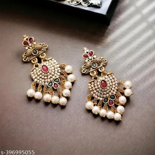 Classic Gold Plated Chandelier Earrings &amp; Studs with Pearl Stones