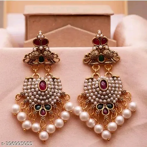 Classic Gold Plated Chandelier Earrings &amp; Studs with Pearl Stones