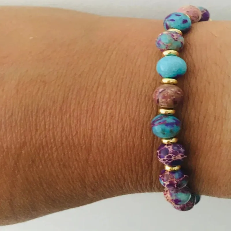 Clover Women's Lithotherapy Bracelet in Jasper Beads and Gold Heishi Beads