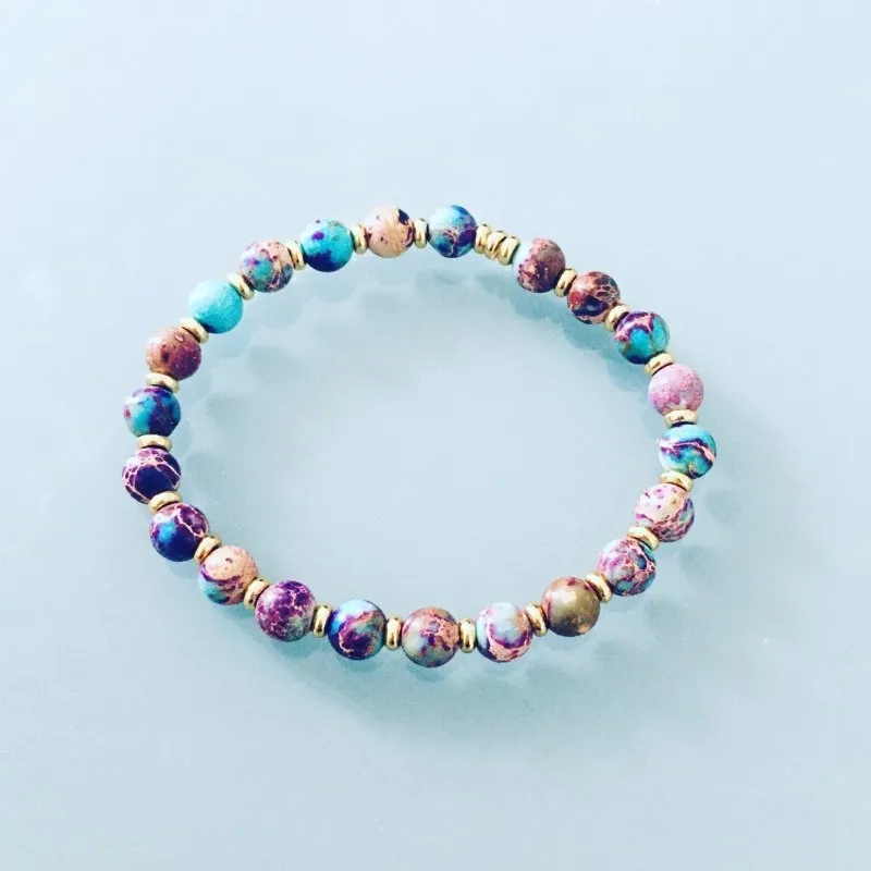 Clover Women's Lithotherapy Bracelet in Jasper Beads and Gold Heishi Beads
