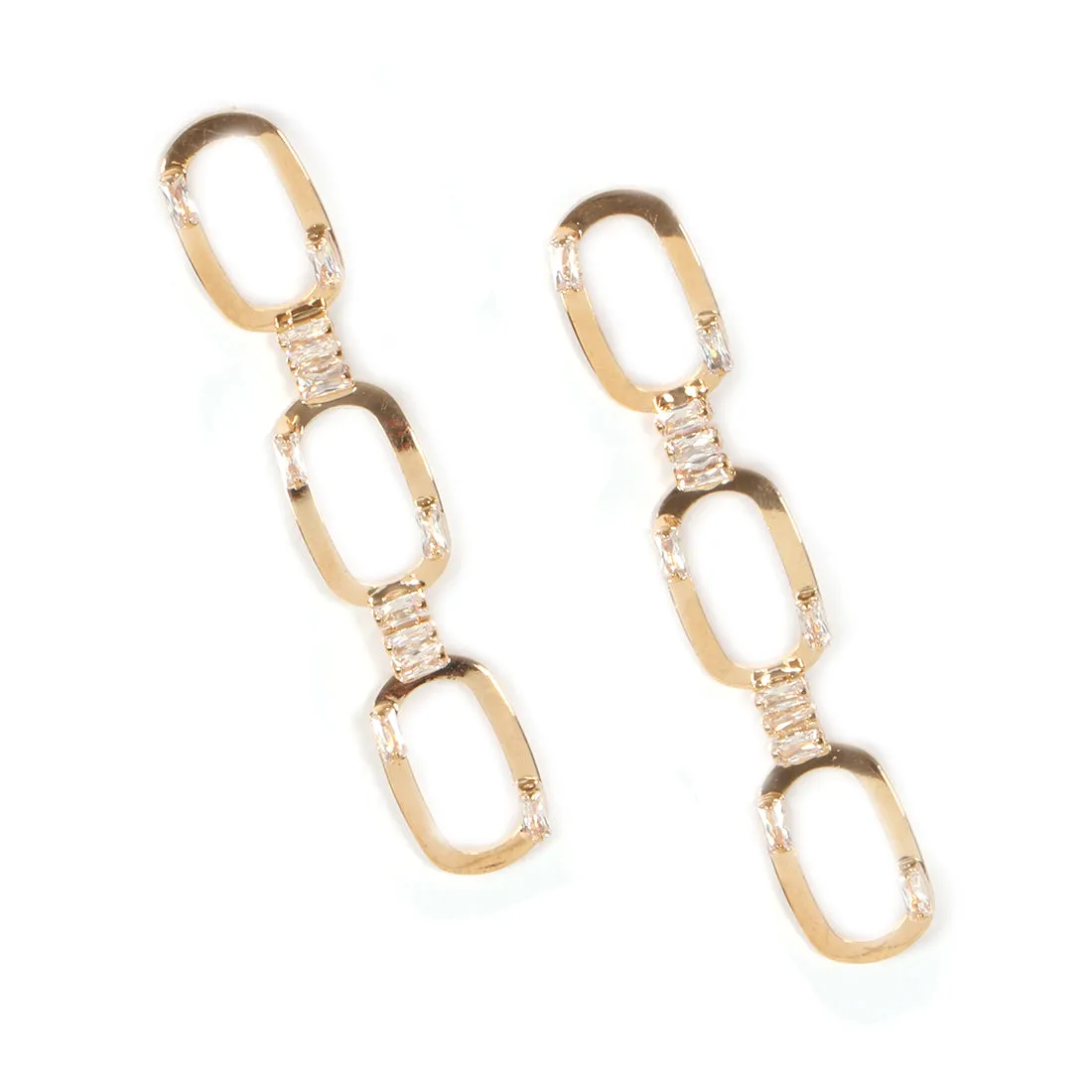 CONTEMPORARY RHINESTONE STUDDED METALLIC RECTANGULAR TRIPLE DROP EARRINGS