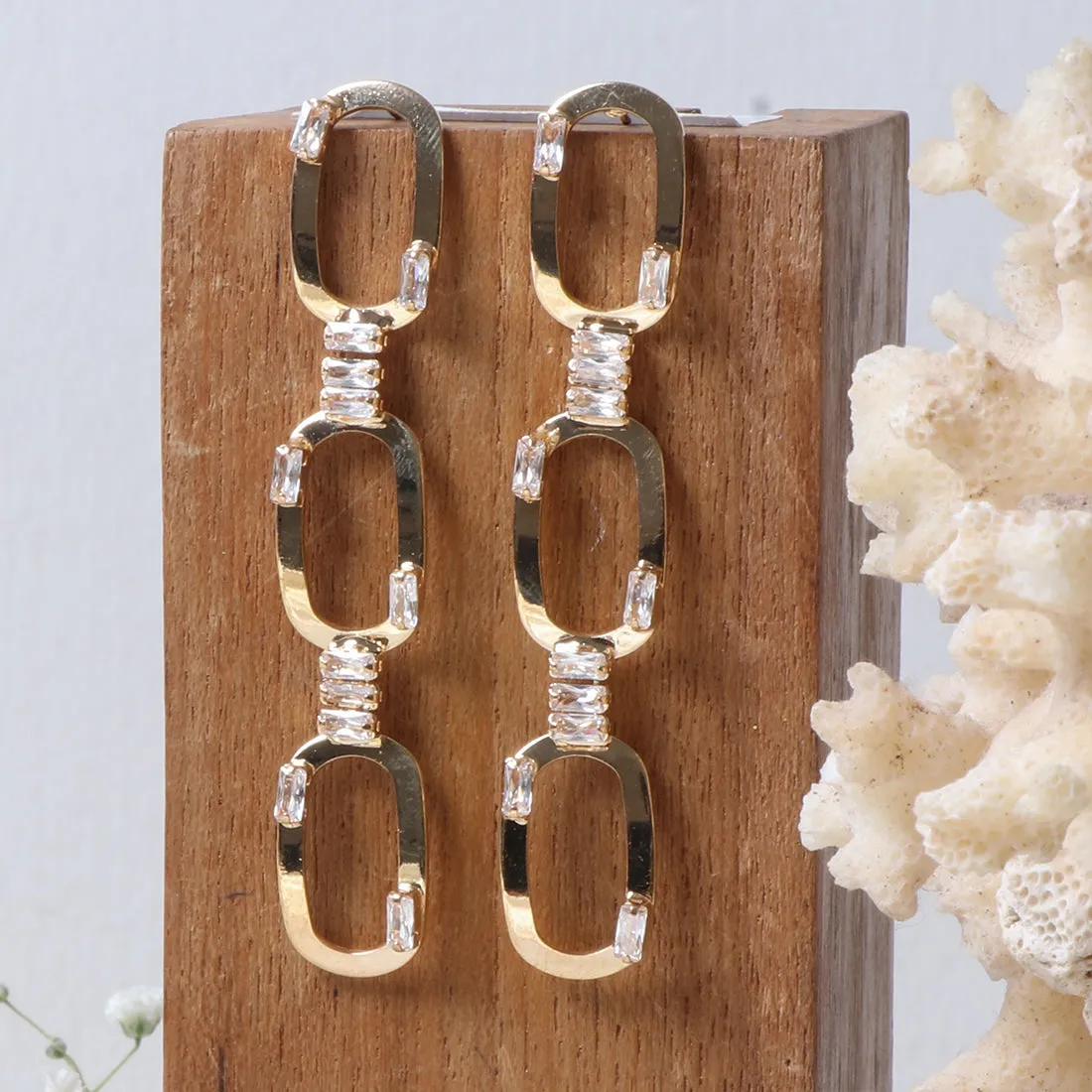 CONTEMPORARY RHINESTONE STUDDED METALLIC RECTANGULAR TRIPLE DROP EARRINGS