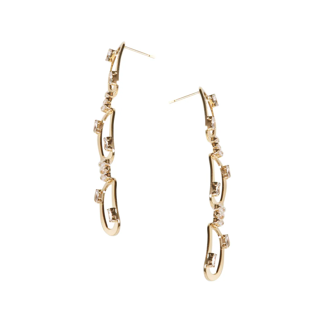 CONTEMPORARY RHINESTONE STUDDED METALLIC RECTANGULAR TRIPLE DROP EARRINGS