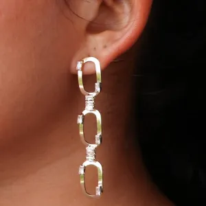 CONTEMPORARY RHINESTONE STUDDED METALLIC RECTANGULAR TRIPLE DROP EARRINGS