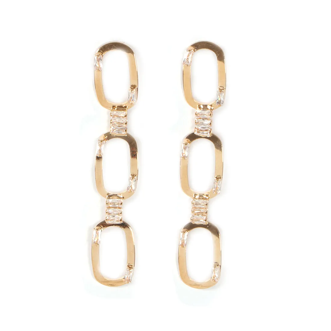 CONTEMPORARY RHINESTONE STUDDED METALLIC RECTANGULAR TRIPLE DROP EARRINGS
