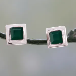 Contemporary Squared Onyx & Silver Stud Earrings