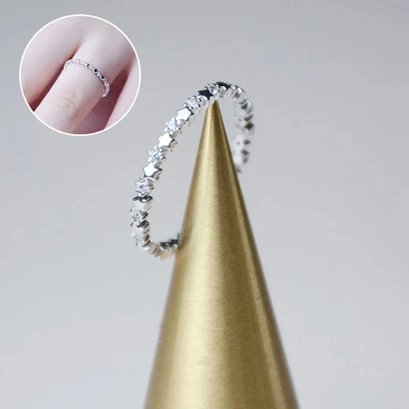 Cute Thin Silver Plated CZ Zircon Star Rings Wedding Engagement Party Gifts for Women Lady Girl Lover's Rings Fashion Jewelry
