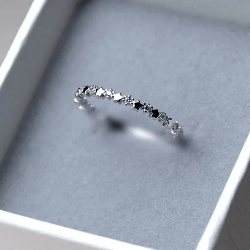 Cute Thin Silver Plated CZ Zircon Star Rings Wedding Engagement Party Gifts for Women Lady Girl Lover's Rings Fashion Jewelry
