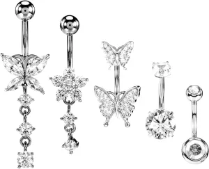 Dangle Belly Button Rings 5pcs Silver Belly Rings For Women CZ 14G Dangling Belly Button Rings Dangle With Butterfly Belly Piercing Jewelry Surgical Steel Belly Button Jewelry