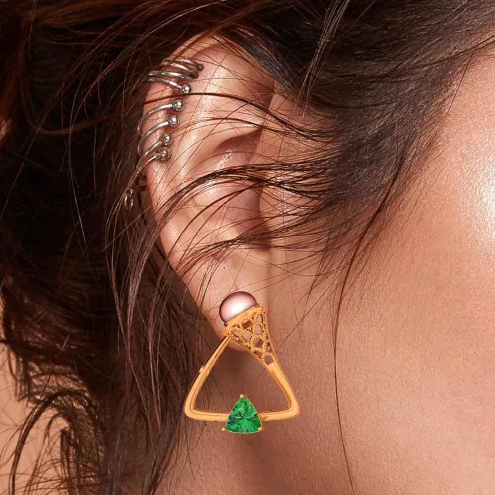 Dazzling Green Stone Set In 22k Triangular Gold Earrings
