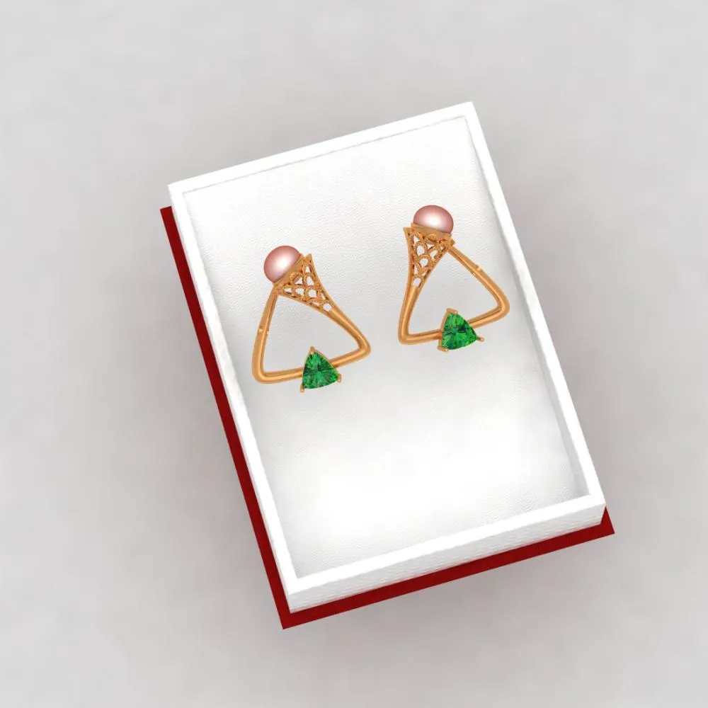 Dazzling Green Stone Set In 22k Triangular Gold Earrings