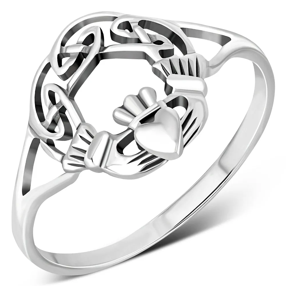 Delicate Celtic Knot Claddagh Silver Ring