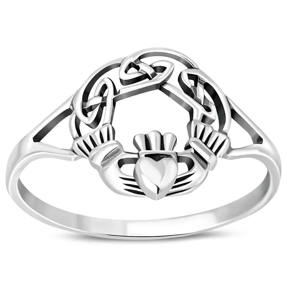 Delicate Celtic Knot Claddagh Silver Ring