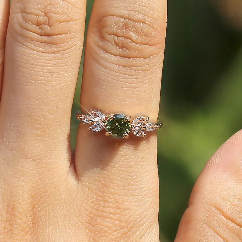 Delicate Olive Green AAA Zircon Leave Shape Ring