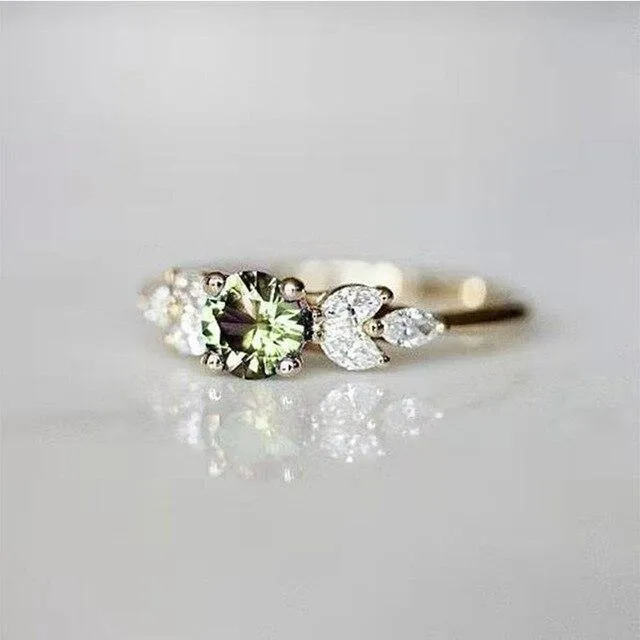 Delicate Olive Green AAA Zircon Leave Shape Ring