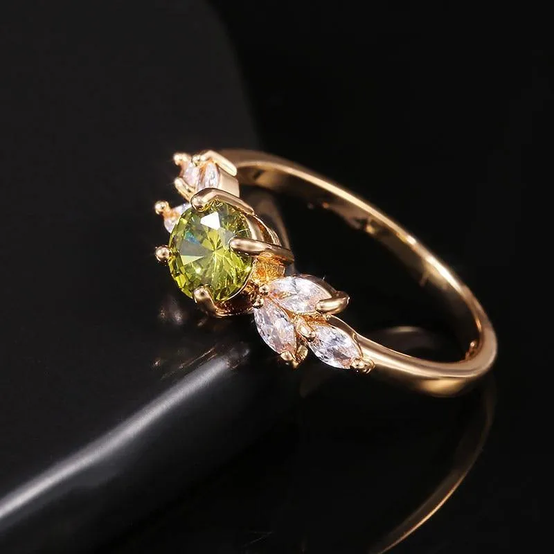 Delicate Olive Green AAA Zircon Leave Shape Ring
