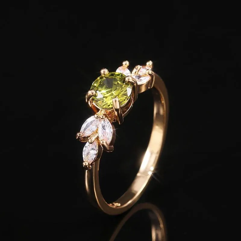 Delicate Olive Green AAA Zircon Leave Shape Ring