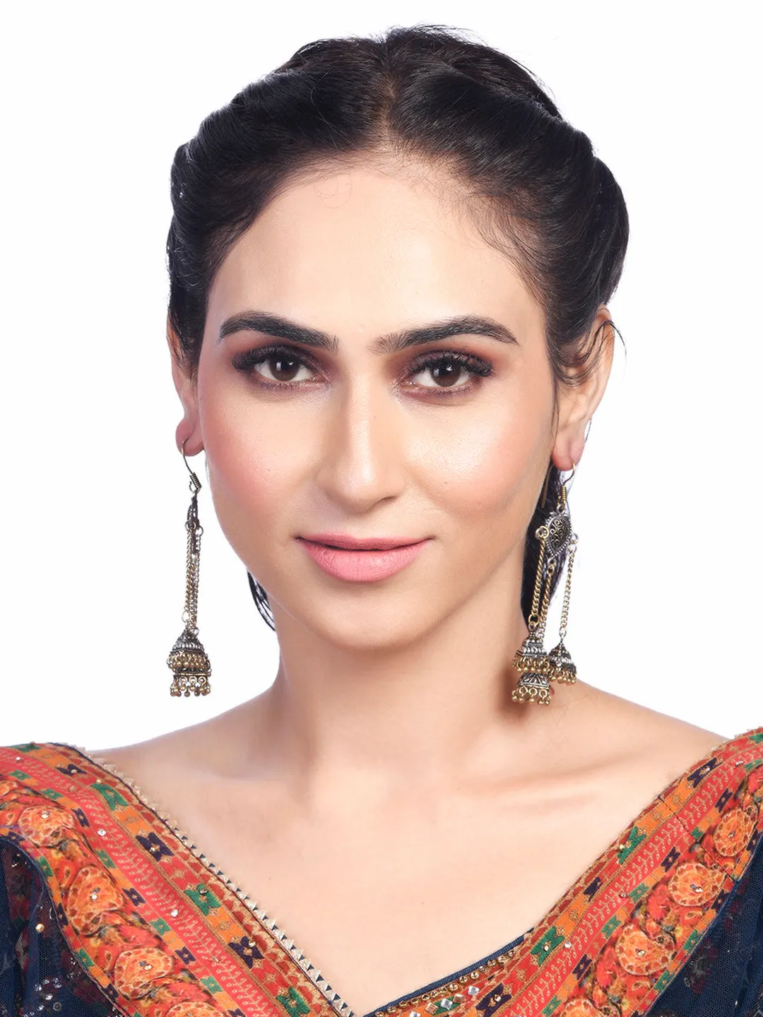 DESI COLOUR Silver-Toned Oxidised Contemporary Drop Earrings