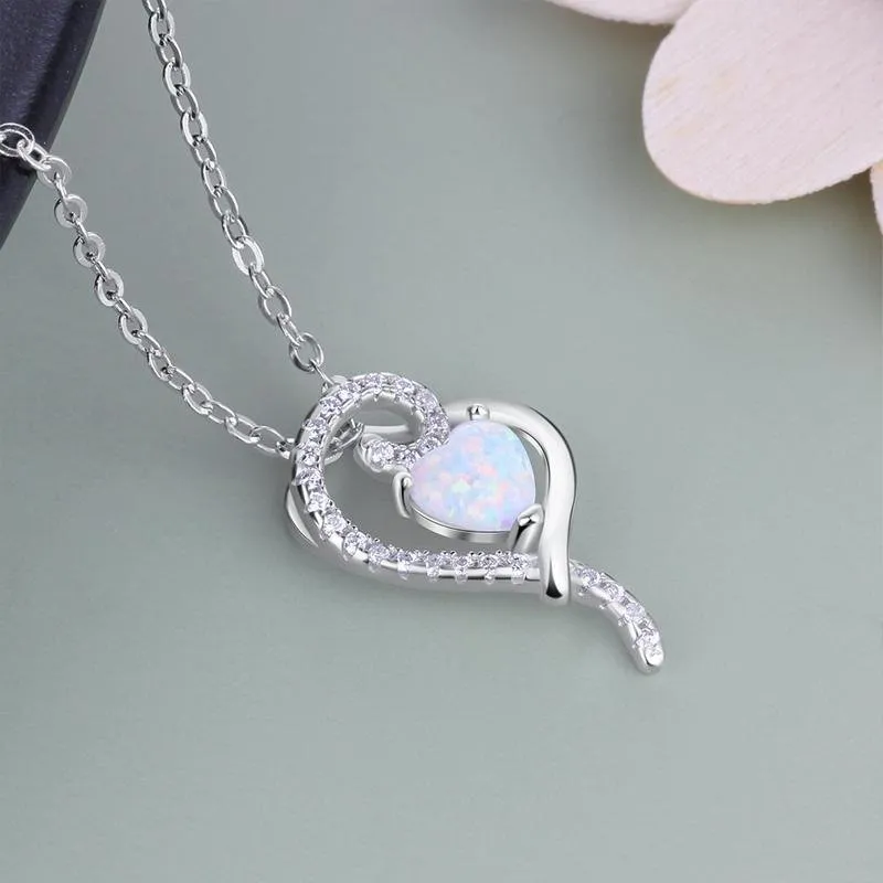 Double Heart Design White Opal Silver Necklace