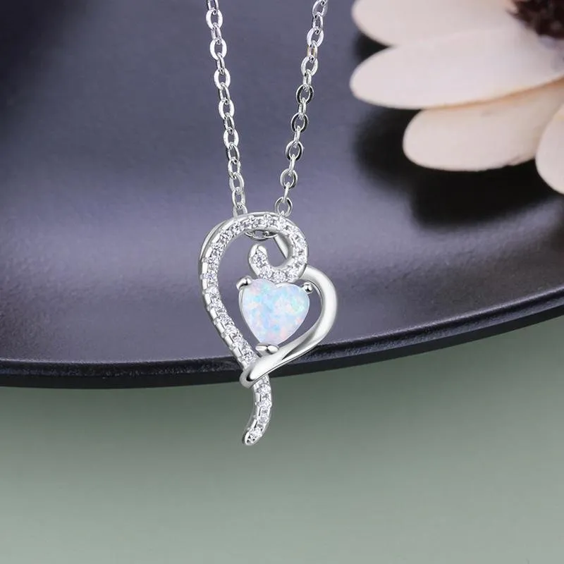 Double Heart Design White Opal Silver Necklace