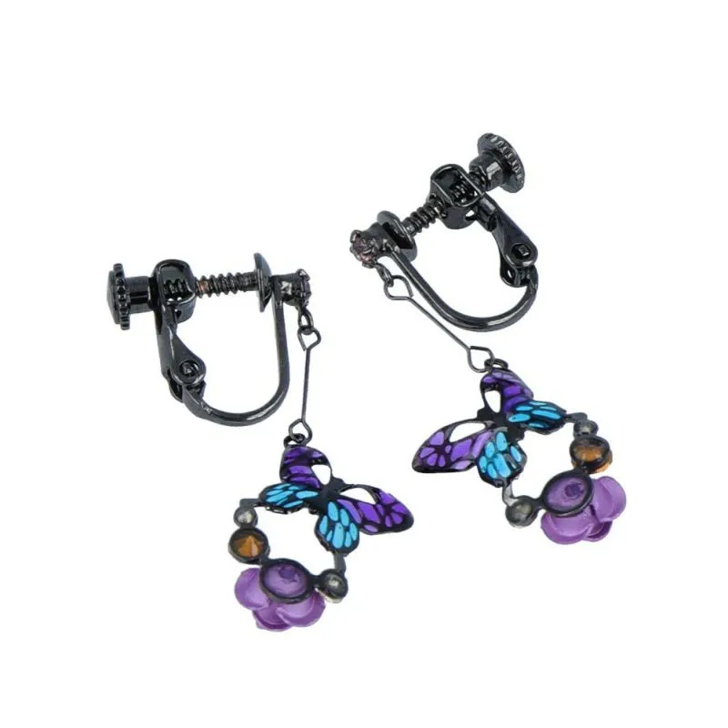 Drop Butterfly and Rose Clip On Earrings