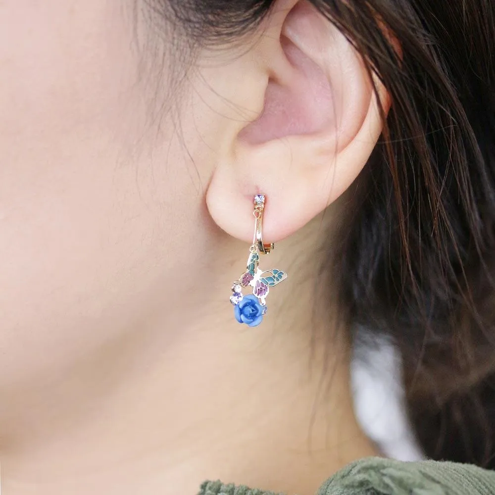 Drop Butterfly and Rose Clip On Earrings