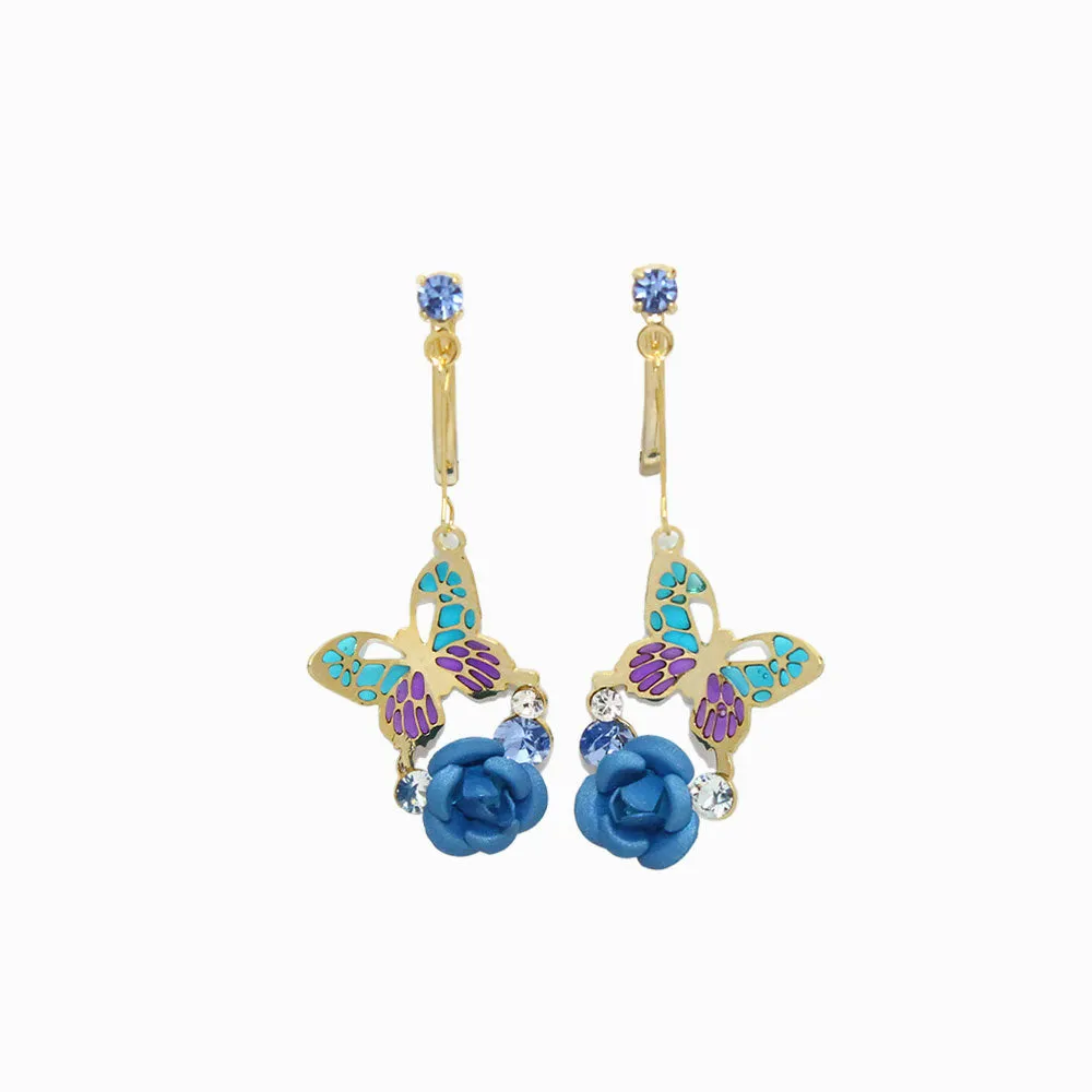 Drop Butterfly and Rose Clip On Earrings