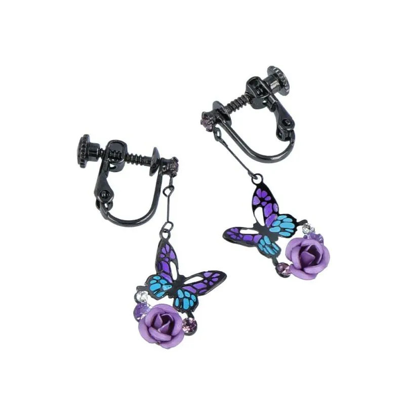 Drop Butterfly and Rose Clip On Earrings