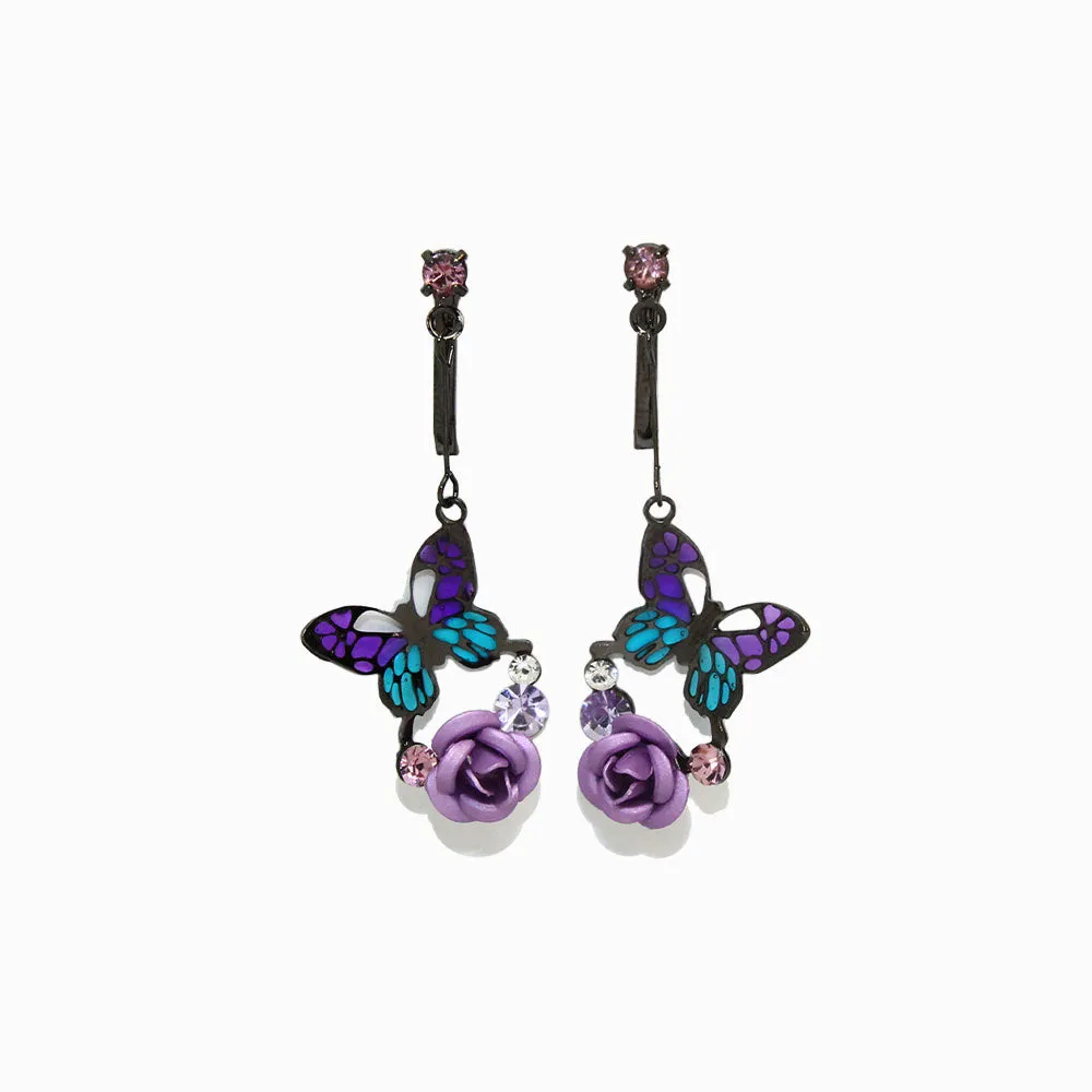 Drop Butterfly and Rose Clip On Earrings