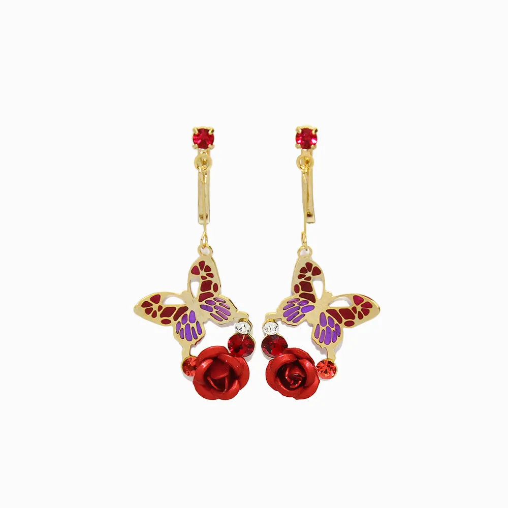 Drop Butterfly and Rose Clip On Earrings