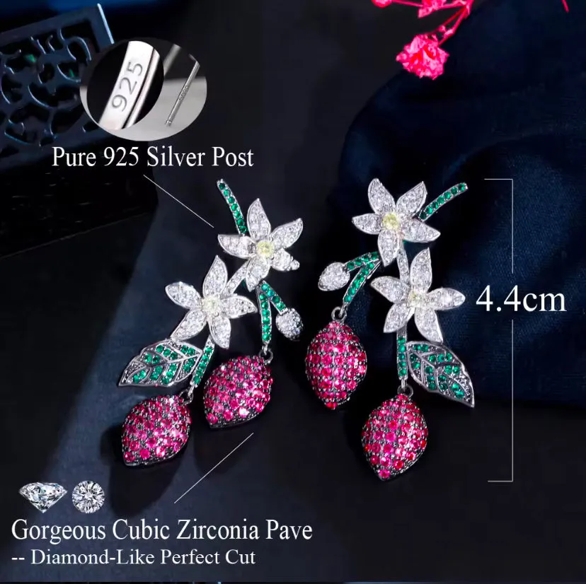 Elegant Two Tone Flower Leaf Water Drop Green Red Cubic Zirconia Long Dangle Party Wear Earrings