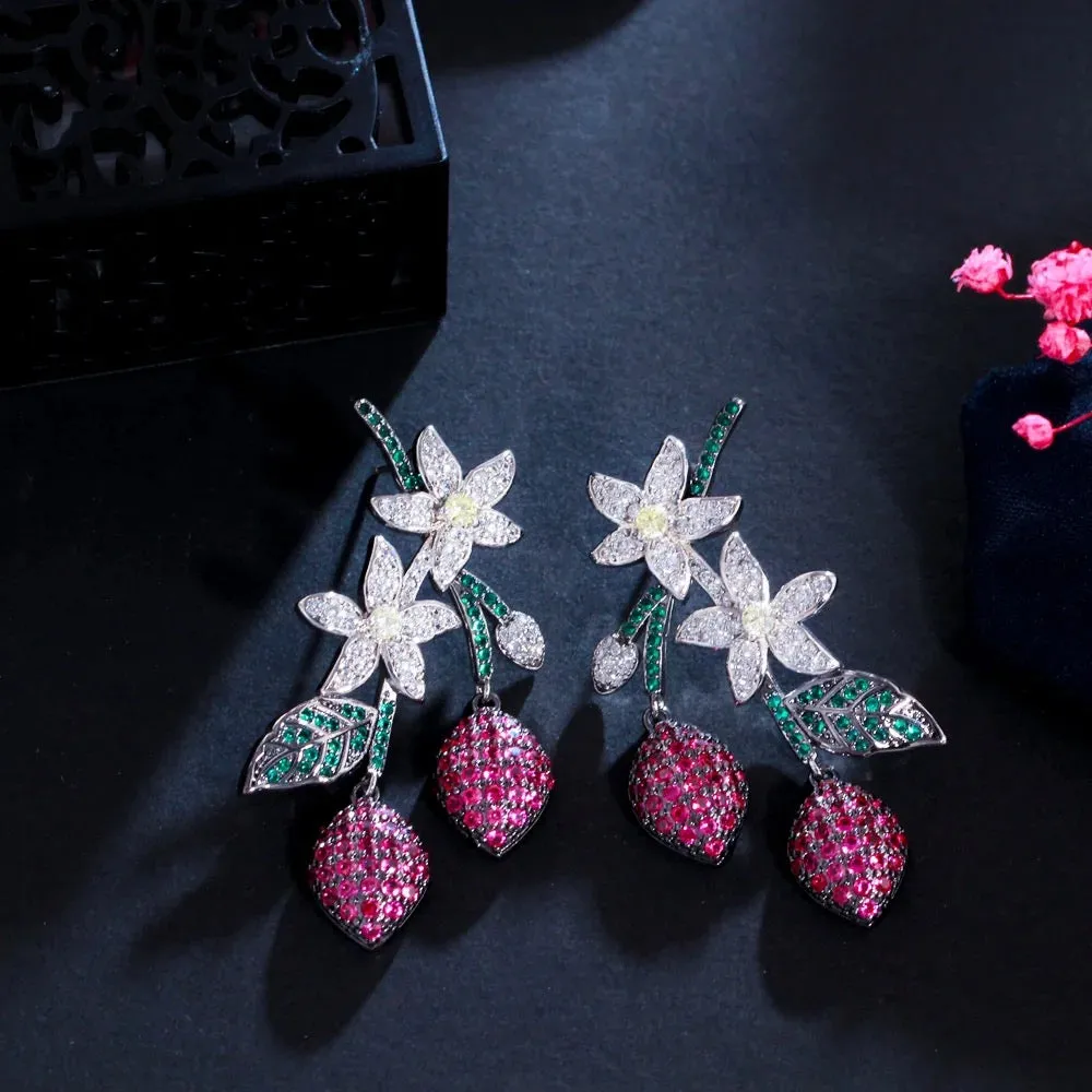 Elegant Two Tone Flower Leaf Water Drop Green Red Cubic Zirconia Long Dangle Party Wear Earrings