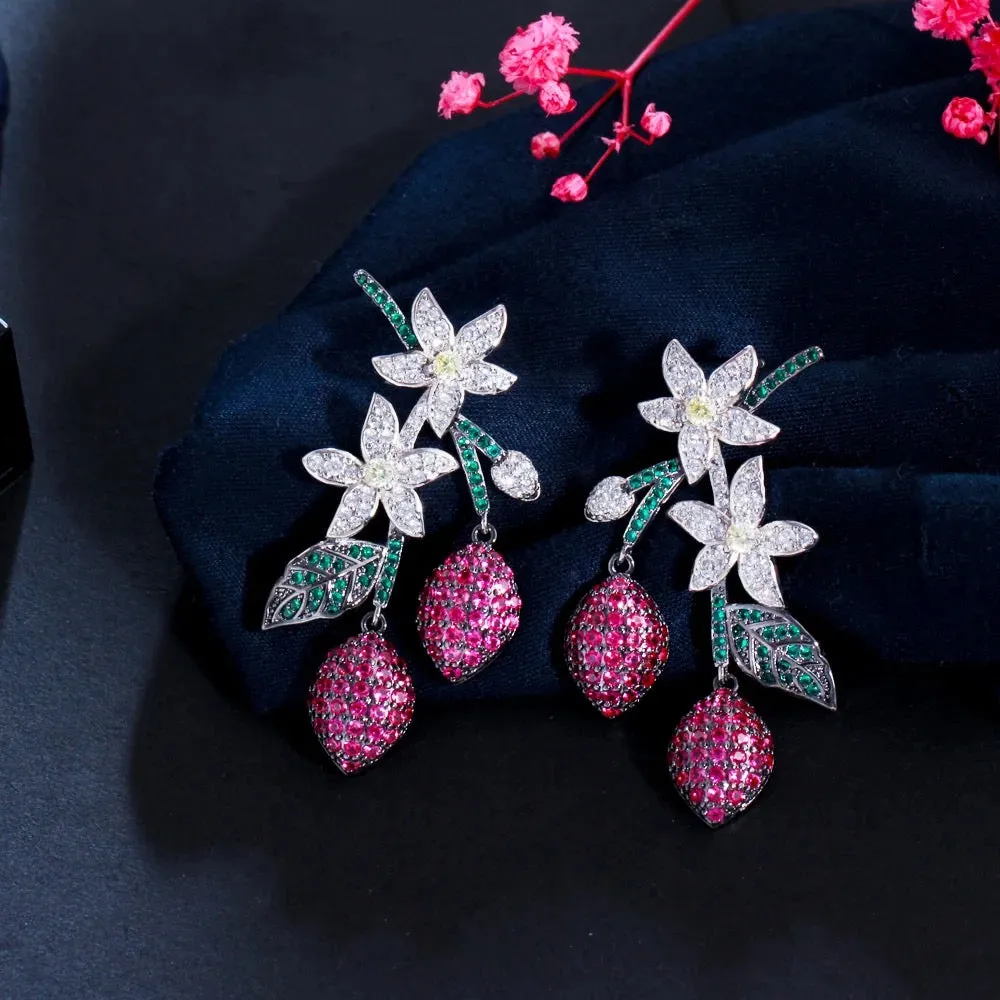 Elegant Two Tone Flower Leaf Water Drop Green Red Cubic Zirconia Long Dangle Party Wear Earrings