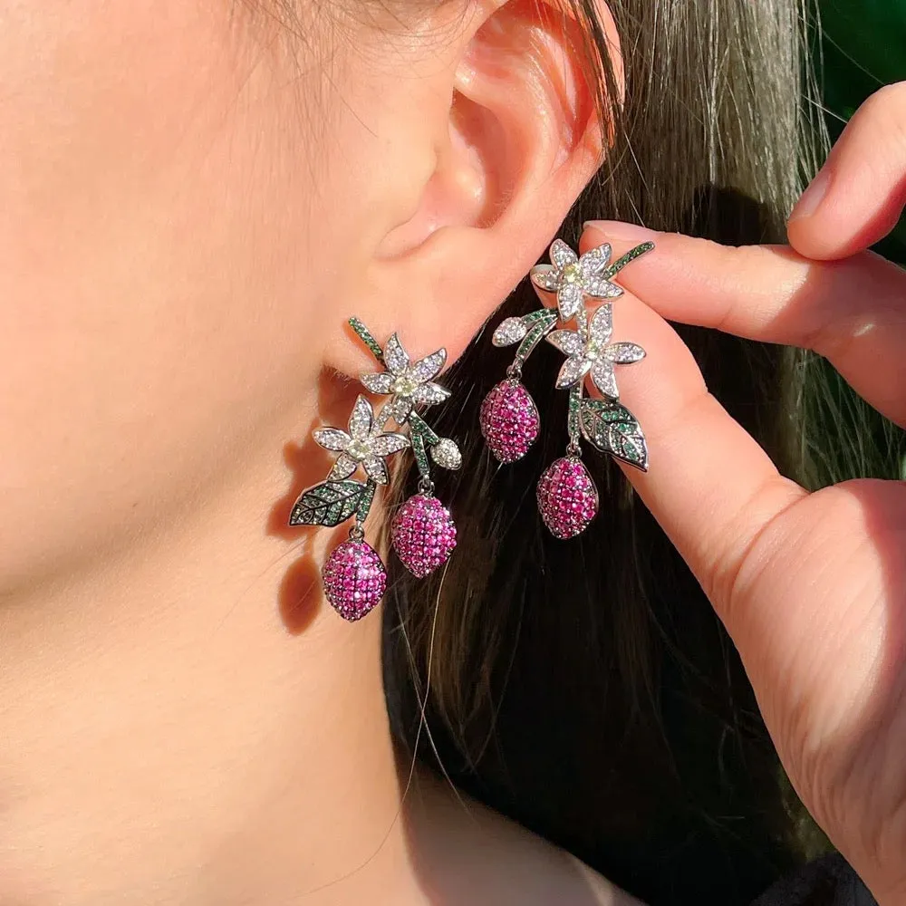 Elegant Two Tone Flower Leaf Water Drop Green Red Cubic Zirconia Long Dangle Party Wear Earrings