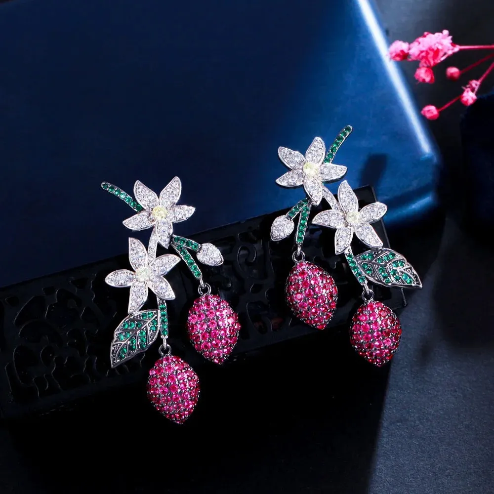 Elegant Two Tone Flower Leaf Water Drop Green Red Cubic Zirconia Long Dangle Party Wear Earrings