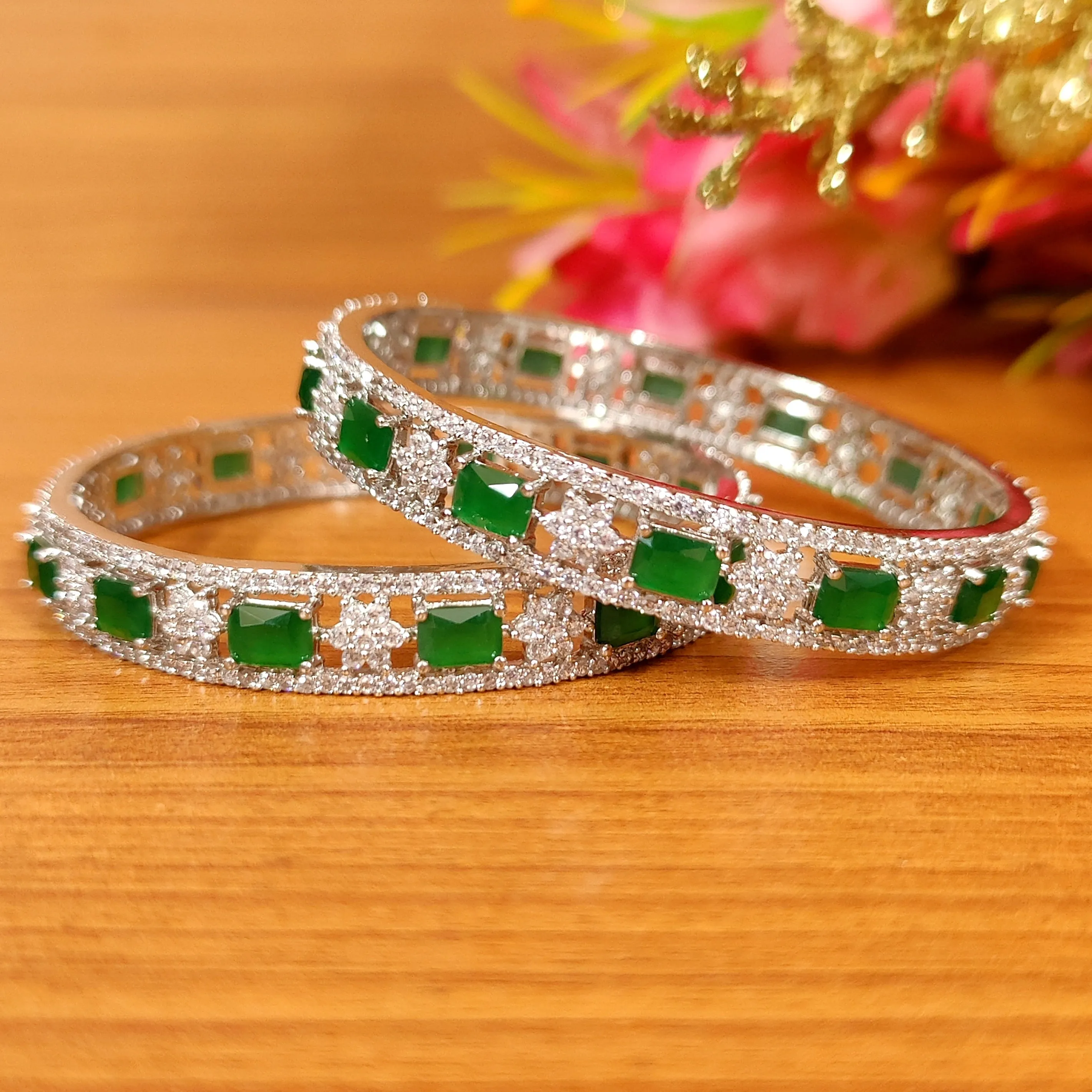 EMERALD & CZ DIAMOND LOOK SILVER BANGLES