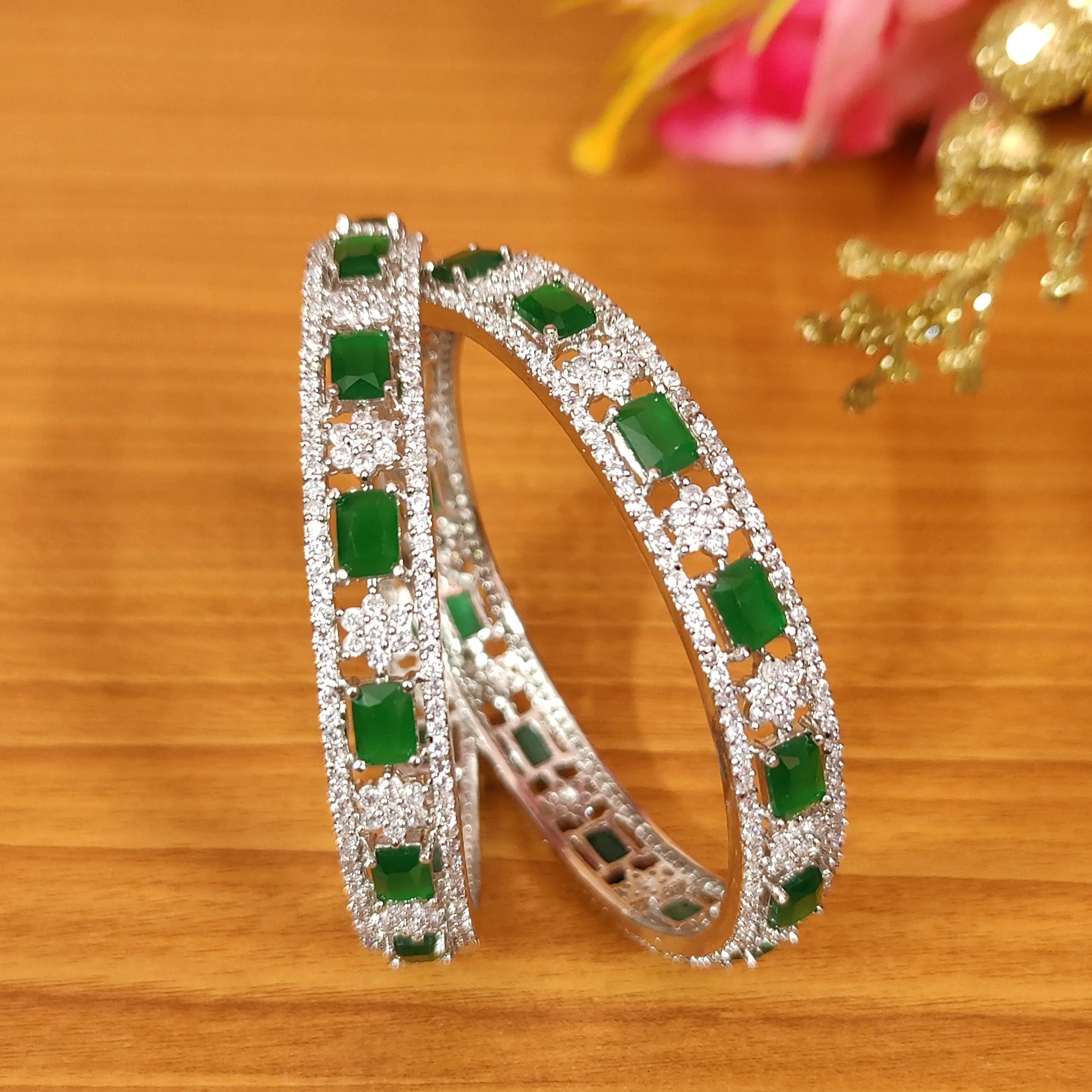EMERALD & CZ DIAMOND LOOK SILVER BANGLES