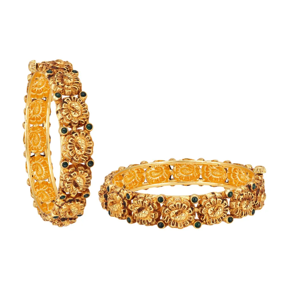 Emerald Plume 925 Gold Plated Detailed Peacock Engraving Bangles