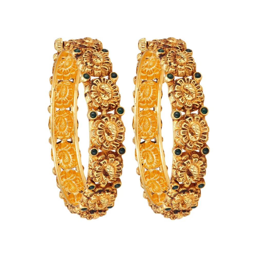 Emerald Plume 925 Gold Plated Detailed Peacock Engraving Bangles