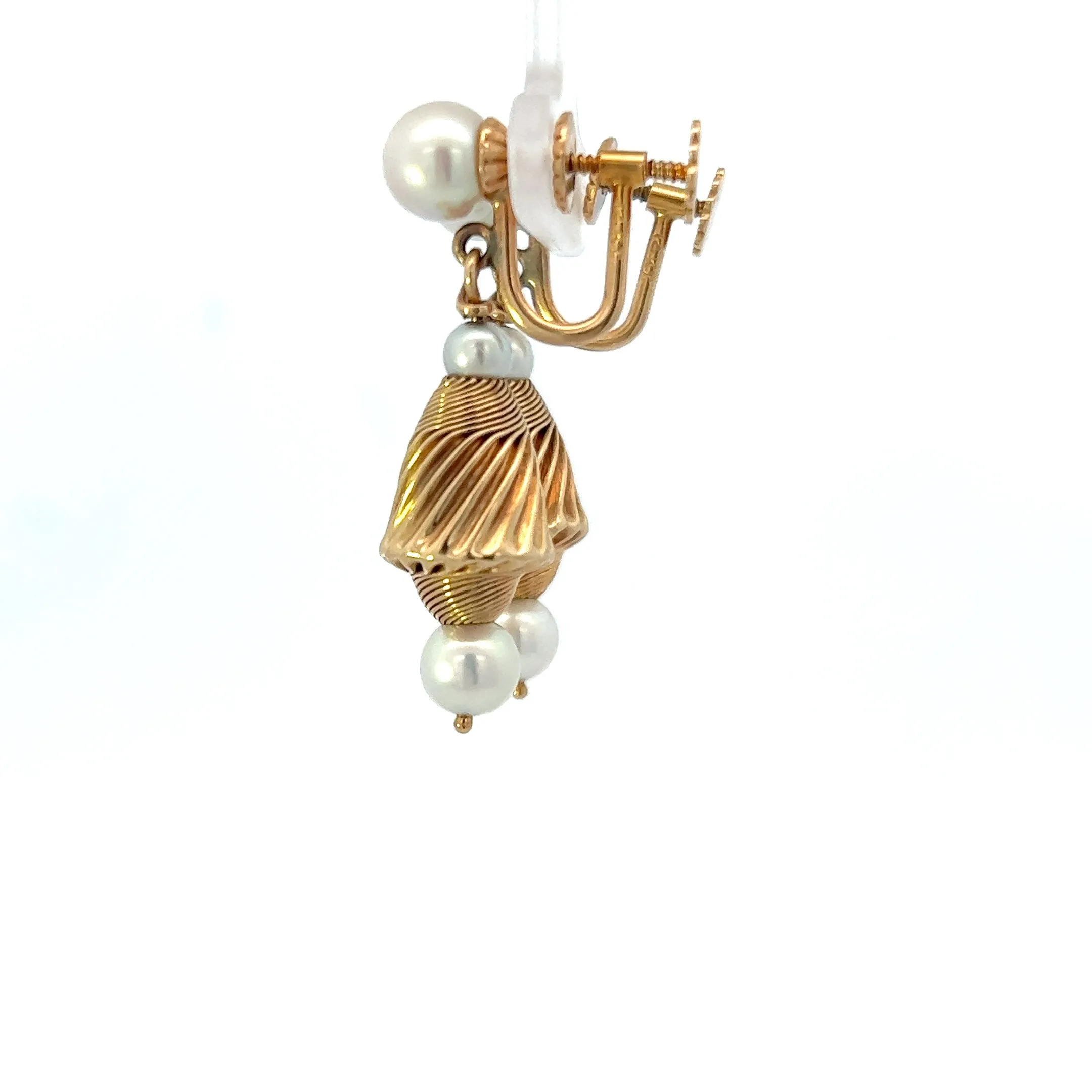 Estate 14KT Yellow Gold And Akoya Pearl Twisted Drop Earring