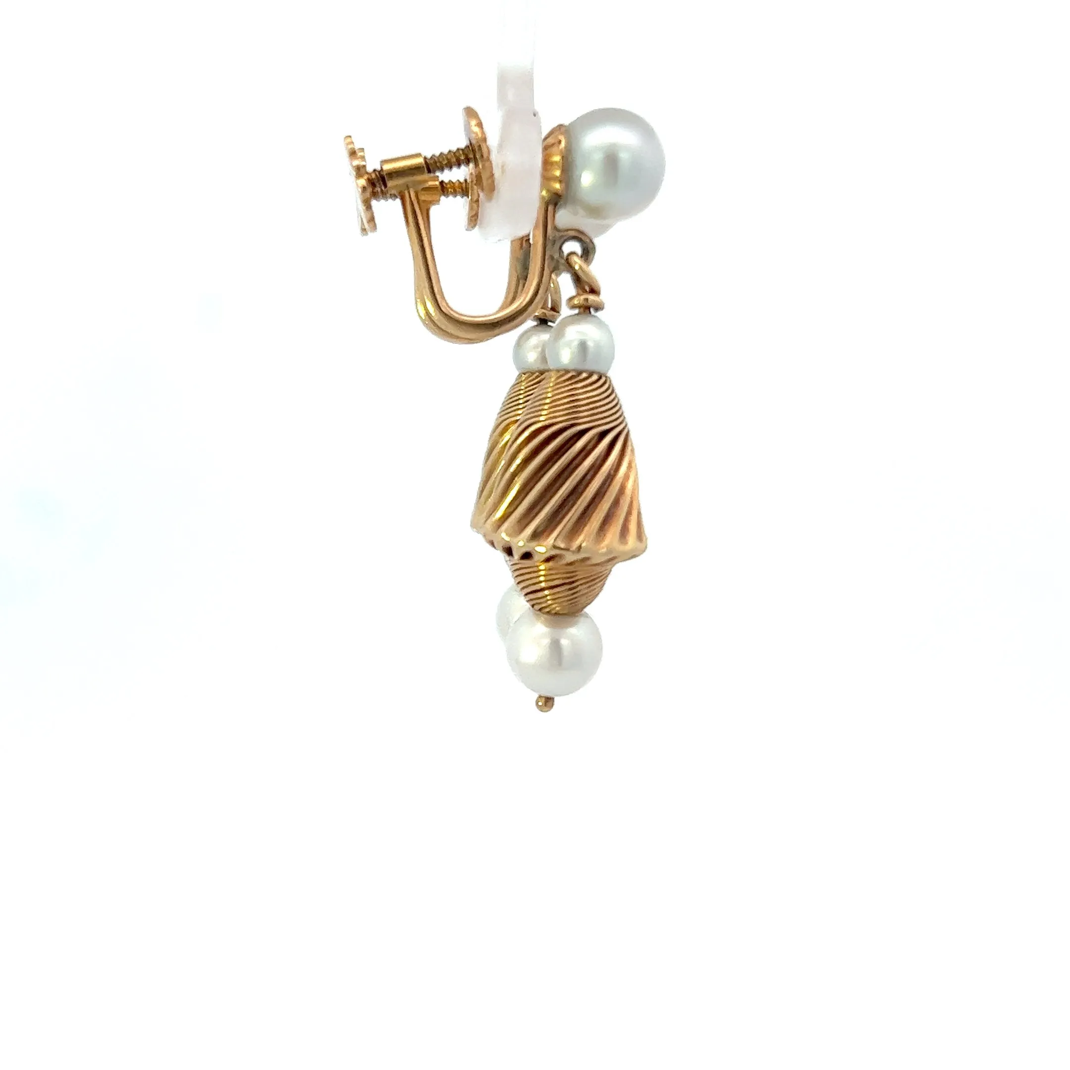 Estate 14KT Yellow Gold And Akoya Pearl Twisted Drop Earring