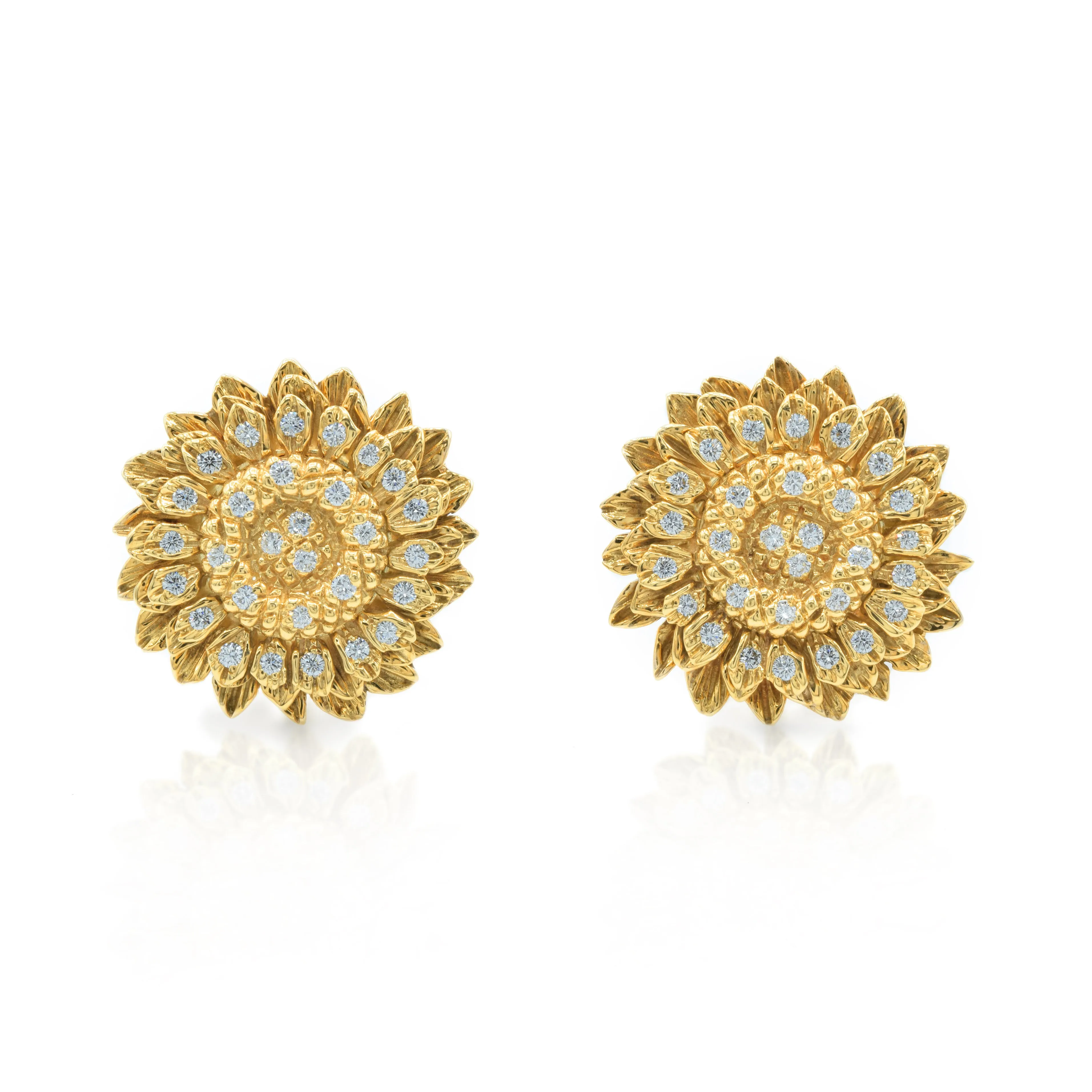 Estate 1960s 18KT Gold And Diamond Sunflower Earrings