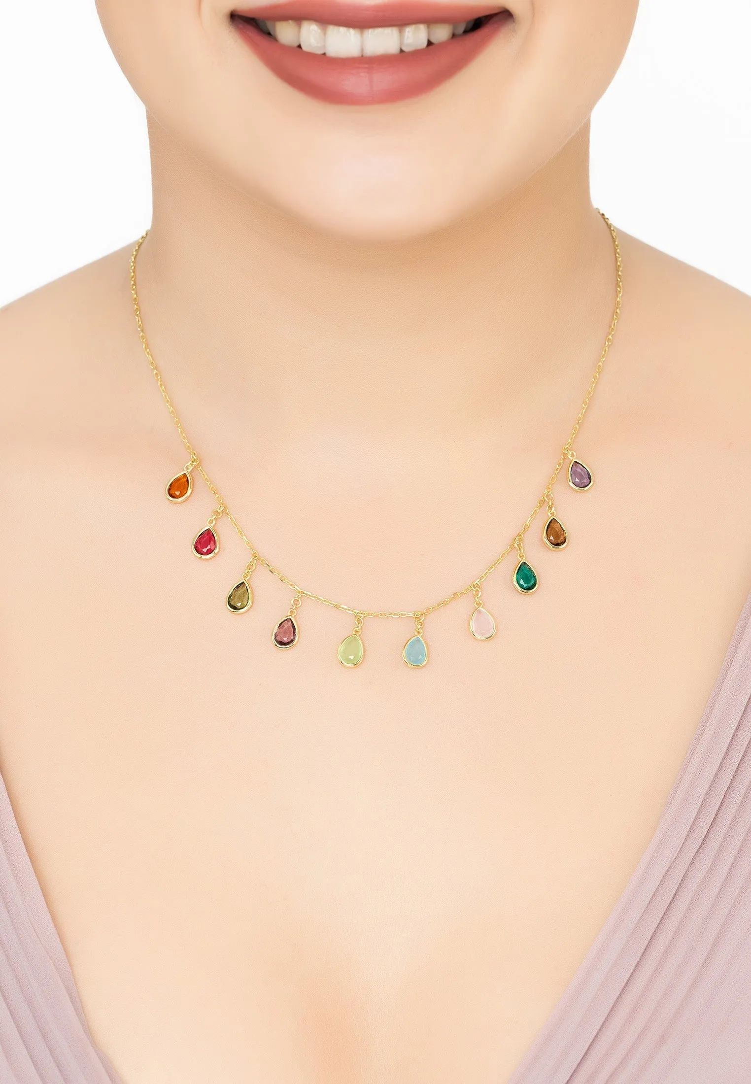 Florence Teardrop Necklace Dipped in Gold with Multi-Colored Gemstones