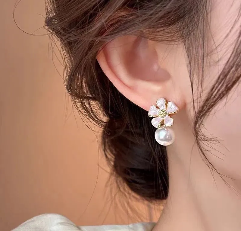 Flower Pearl Drop Earrings