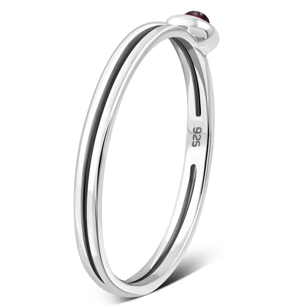 Garnet Stone Delicate Silver Band Ring