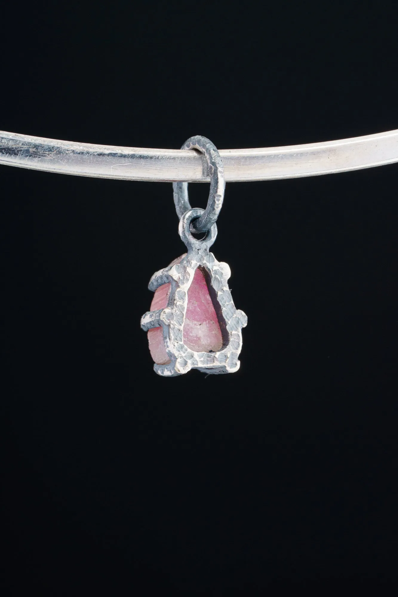 Gem Watermelon Tourmaline Slice - Oxidised Sterling Silver - Strong Claw Wire Setting  - Hammer Textured - Pendant Crystal Necklace