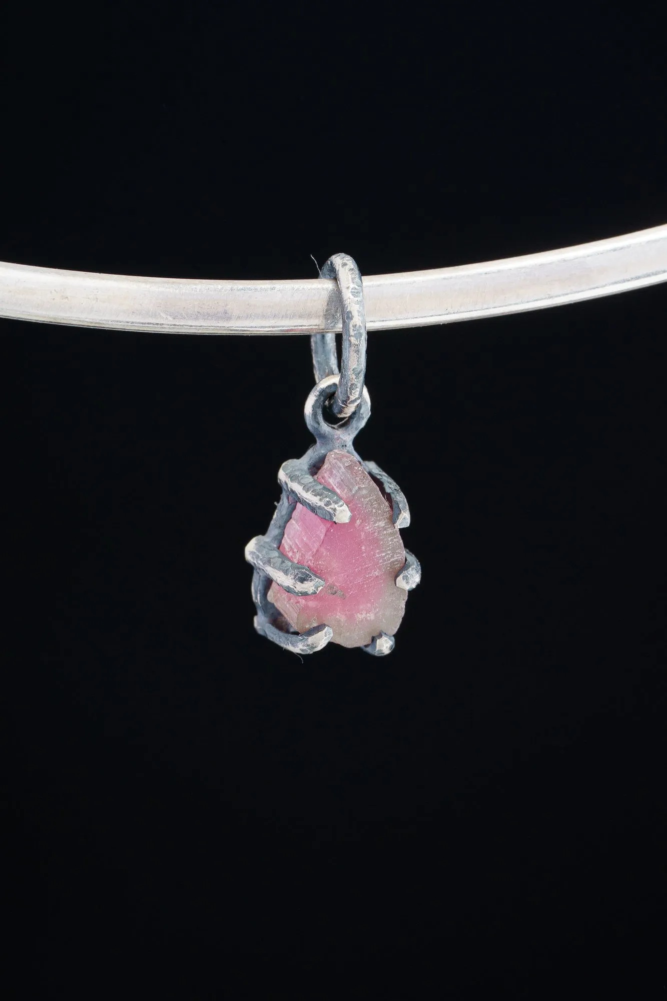 Gem Watermelon Tourmaline Slice - Oxidised Sterling Silver - Strong Claw Wire Setting  - Hammer Textured - Pendant Crystal Necklace