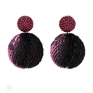 Glass bead and sequin double ball earrings in purple tones