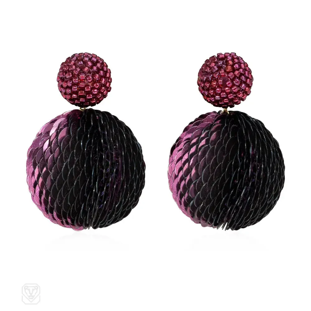 Glass bead and sequin double ball earrings in purple tones