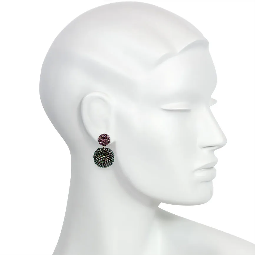 Glass beaded ball earrings in light plum and green-red